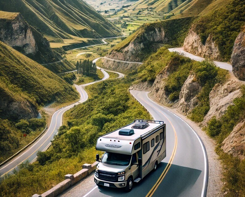 a rugged RV driving along a scenic mountain road on the Pan-American Highway