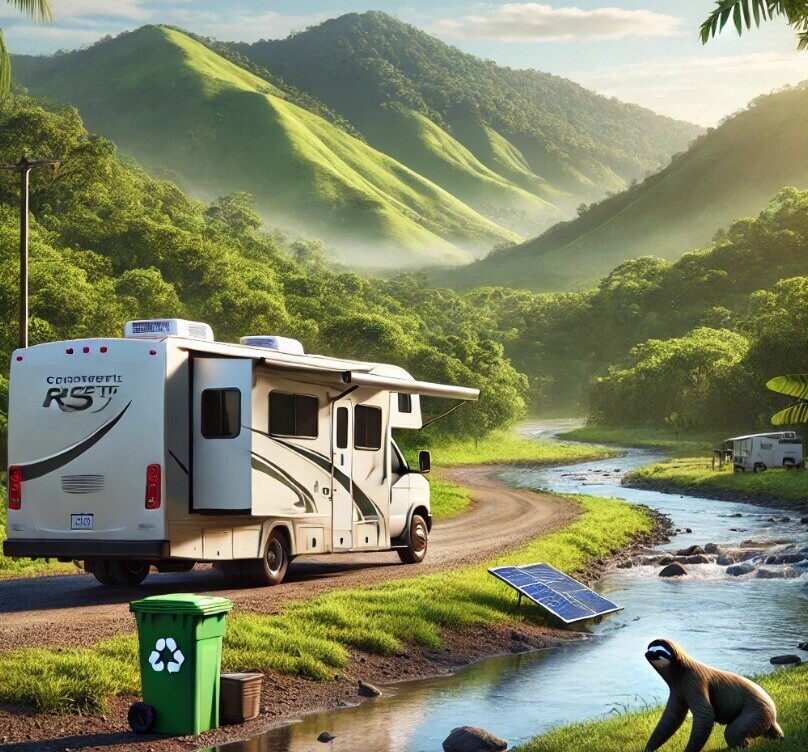 an RV parked near a scenic Costa Rican landscape, complete with eco-friendly elements and natural surroundings