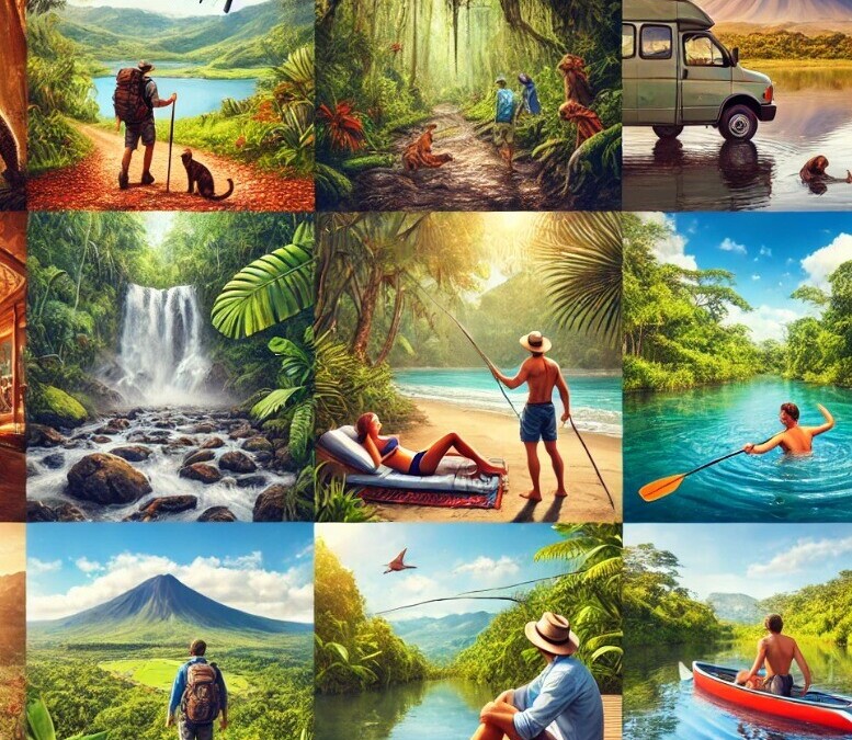 collage image showcasing activities while camping in Costa Rica, including hiking, relaxing in hot springs, and fly fishing