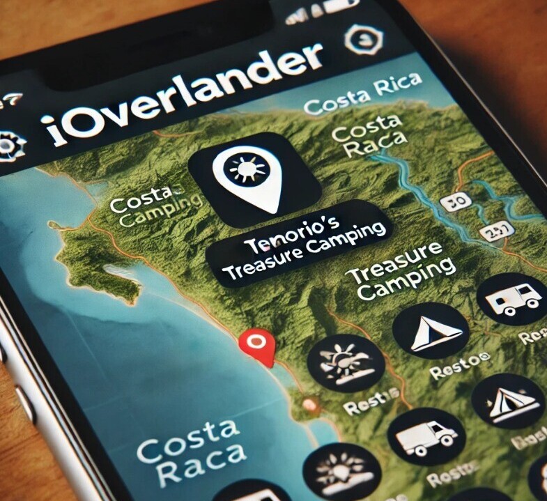 screenshot-style image of the iOverlander app, showing a map of Costa Rica with campsites marked, including the highlighted Tenorio's Treasure Camping