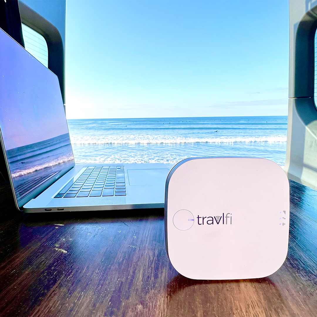 RV traveler using mobile internet on the road