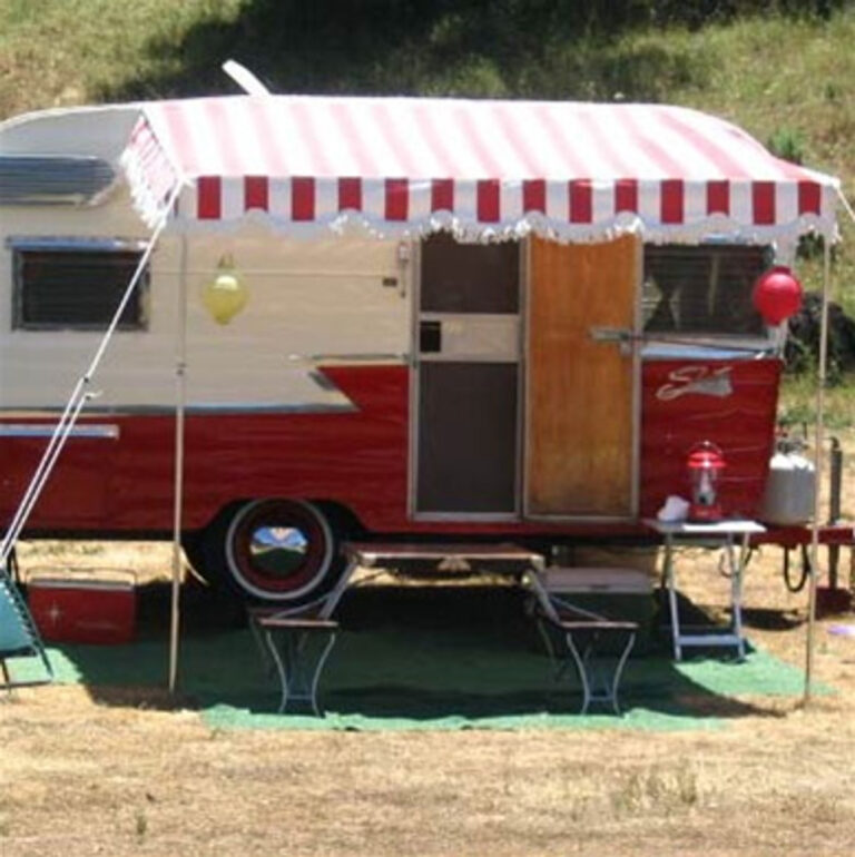 Classic pole and rope awning for vintage trailers