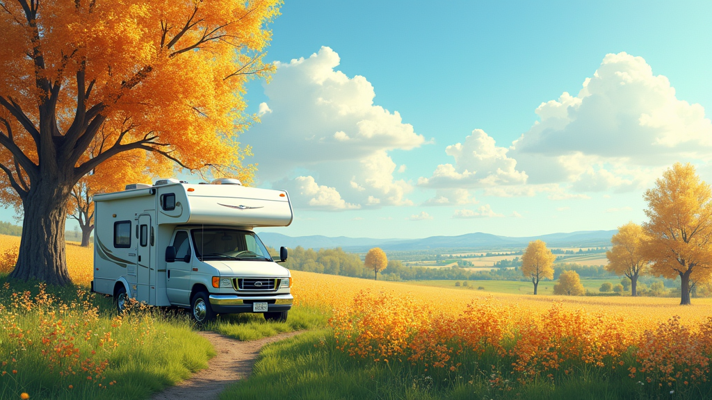 RV parked in a scenic spot during spring