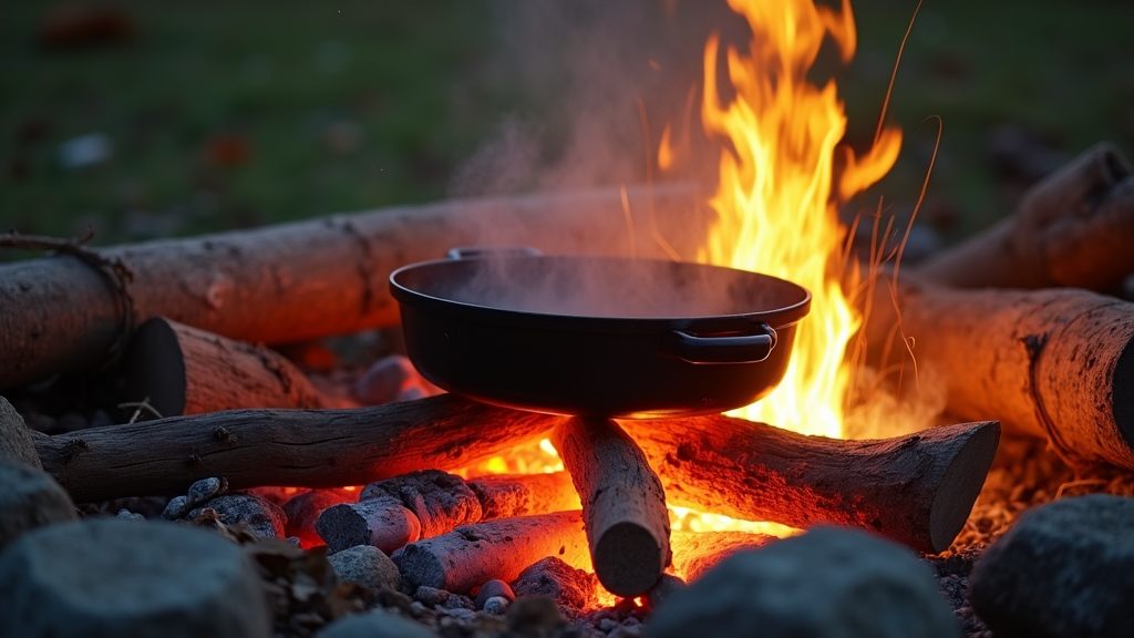 Campfire scrambled eggs on a rustic pan