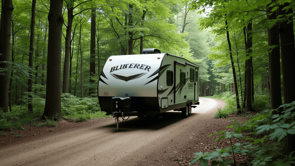 travel trailer being backed up into a campsite