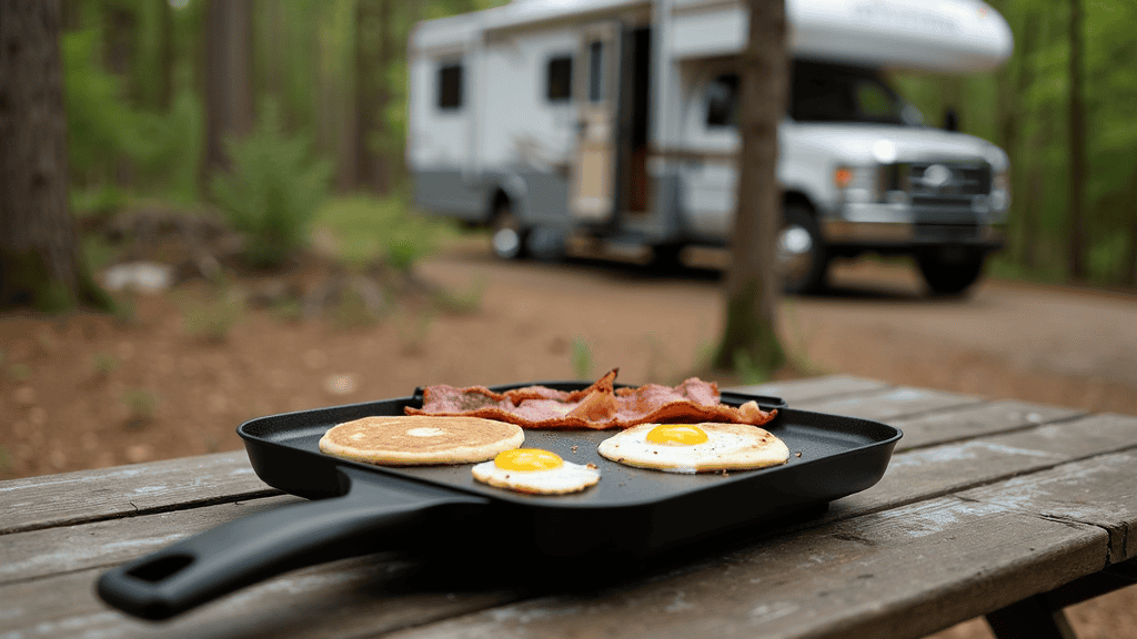 Blackstone tabletop griddle on picnic table with breakfast cooking: eggs, bacon, pancakes