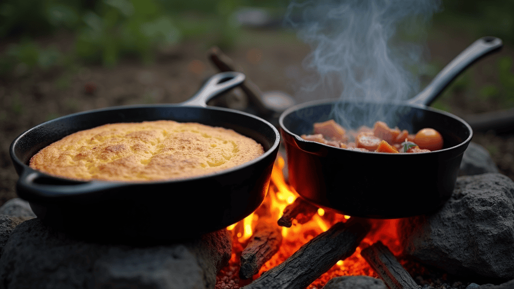 Camping gear on display at an outdoor store: griddles, cast-iron, tripods