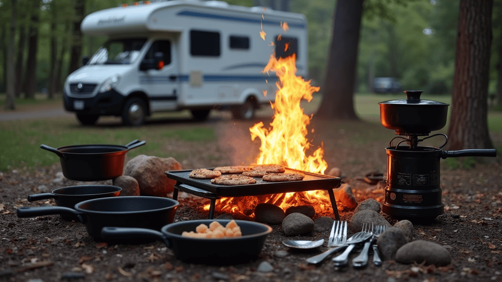 Collection of RV campfire cooking gear around a campfire: griddle, cast-iron pans, portable stove, utensils, grill