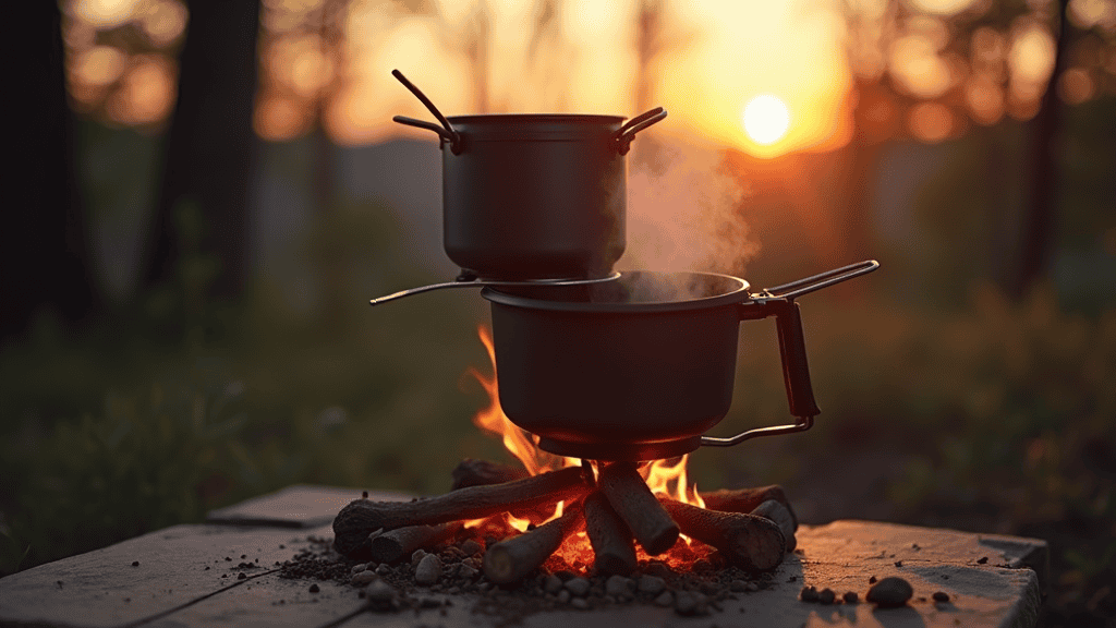 FireMaple backpacking stove and cookware set heating pot of water on camping table at dawn