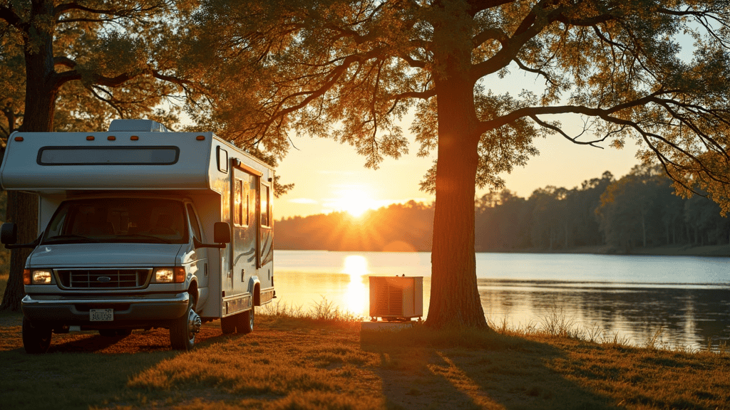 A sunlit RV nestled under trees, windows open and fans running, parked by a peaceful lakeside with cooling gear visible.