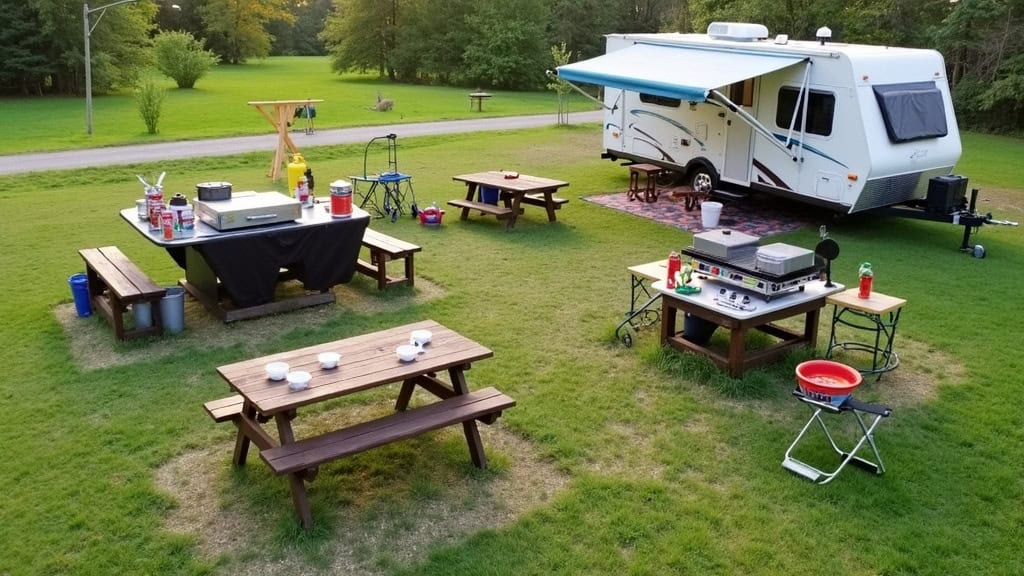 Well-equipped RV outdoor kitchen setup with grill, stove, table, and supplies on a sunny campsite.