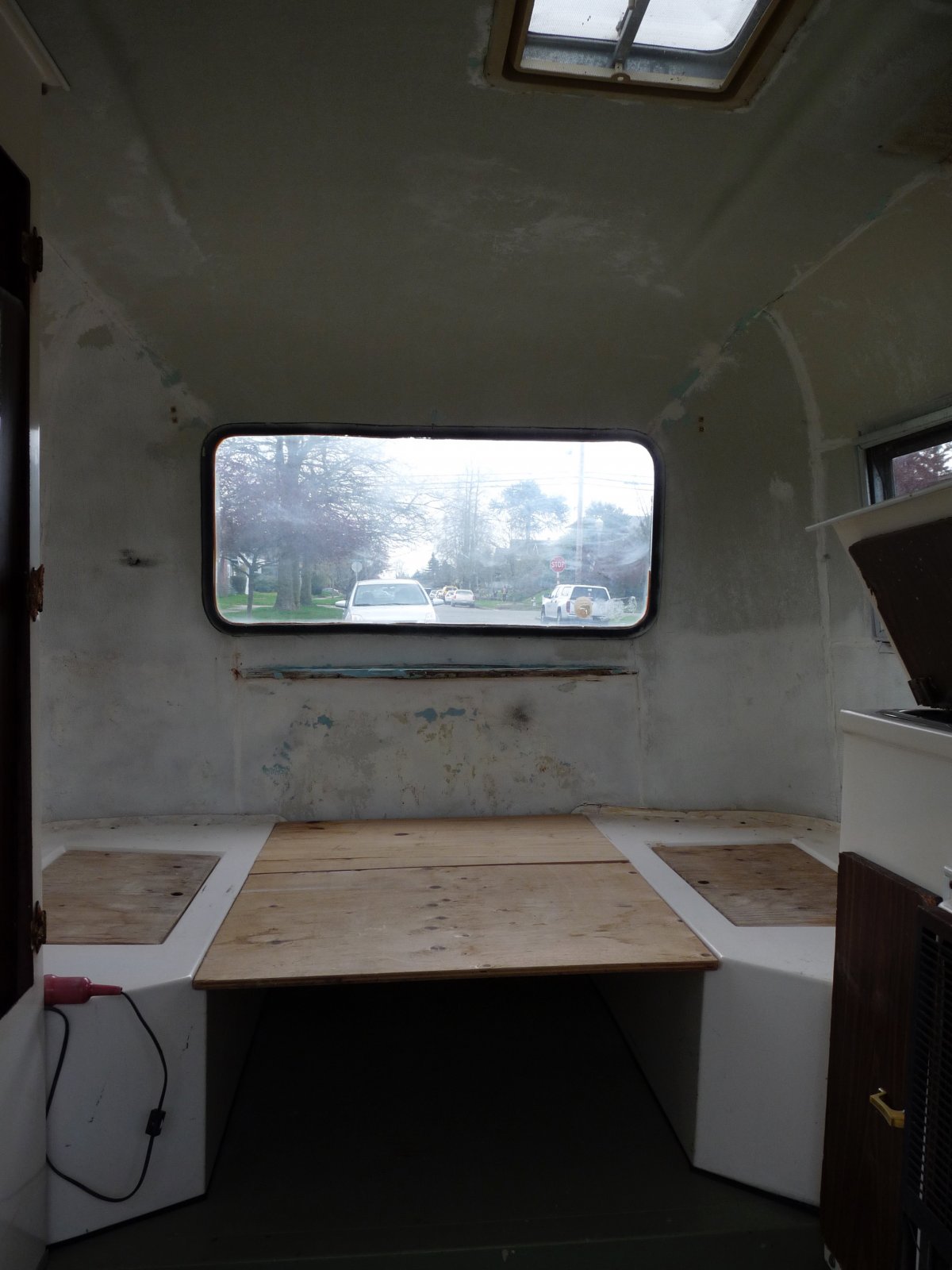 Original interior of the Boler trailer before restoration
