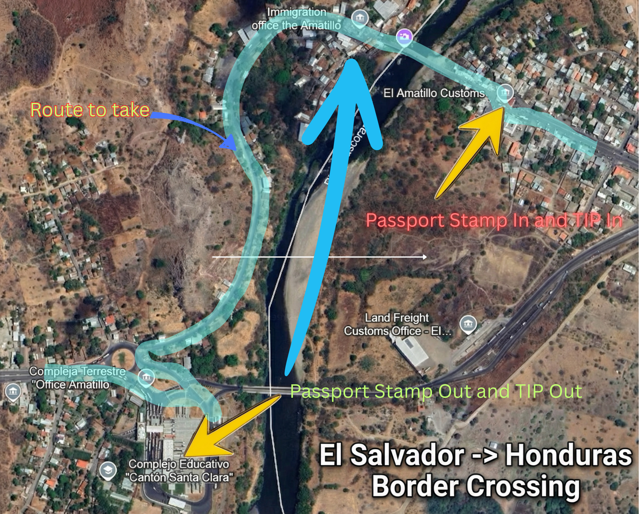 El Amatillo border map showing passport stamp out and TIP out steps