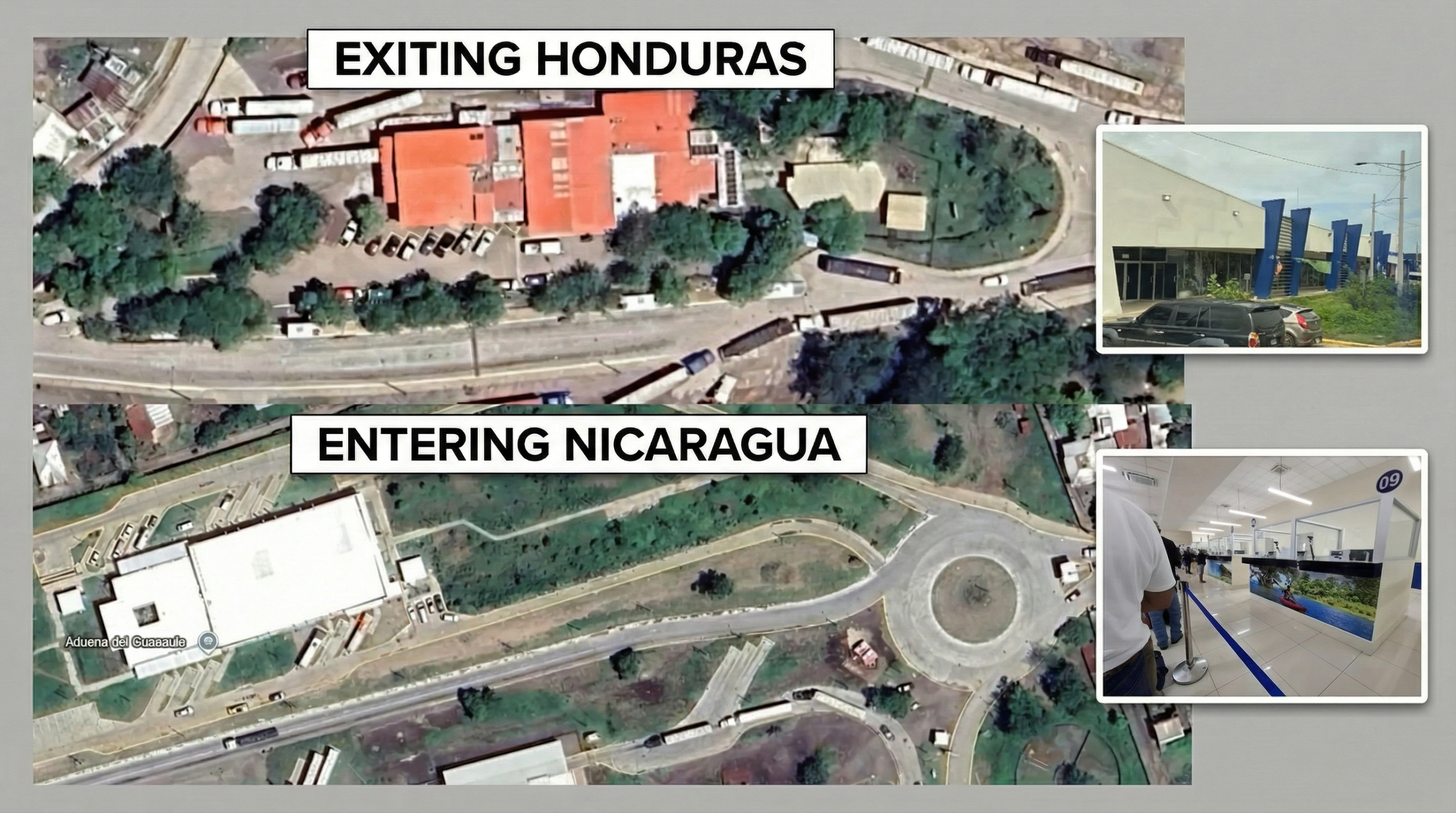 Overhead map view of Honduras to Nicaragua border crossing at Guasaule